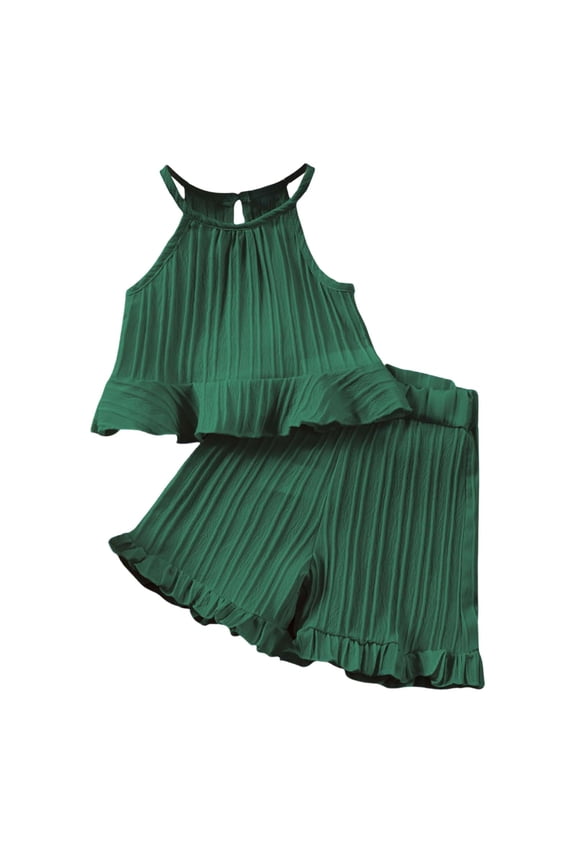 Toddler Girls Summer Outfits Solid Ruffle Sleeveless Top Shorts Set, Sizes 2-3