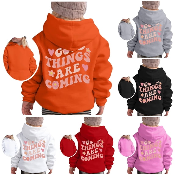Oiyii Toddler Girls' Sweet Floral Slogan Pullover Hoodie Back Graphic Long Sleeve Casual Hooded Sweatshirt Daily Pullover Top,Orange
