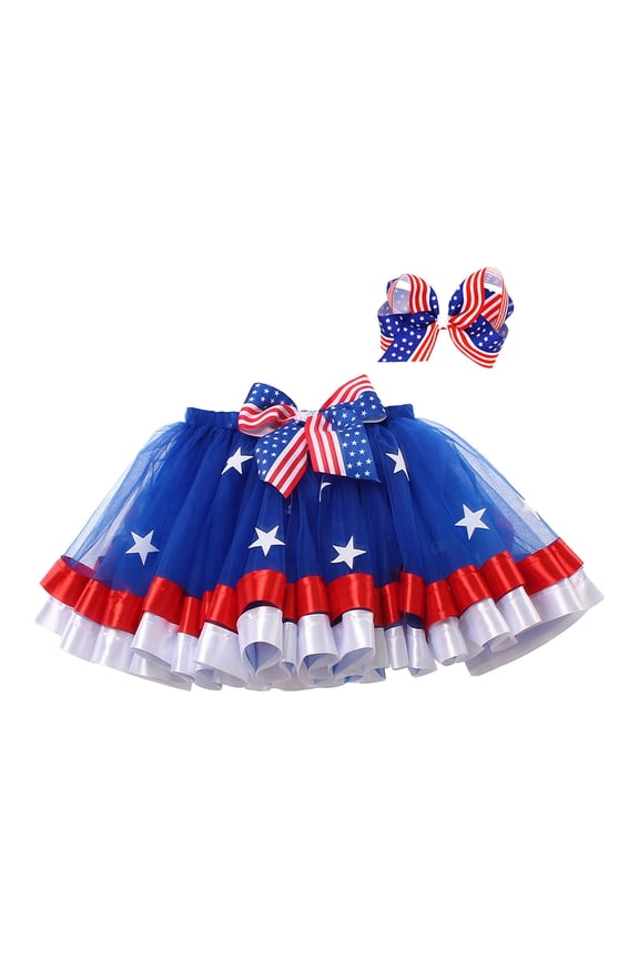 Toddler Girls Tutu Skirts Flag Print Layered Mesh Short Skirt Bow 2-Piece Sets