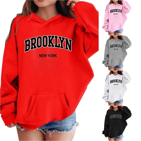 Oiyii Toddler Girls' Vintage Pullover Hoodie Brooklyn Letter Graphic Long Sleeve Oversized Hooded Sweatshirt Street Pullover Top,Red