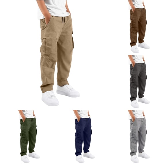 Oiyii Tween Boy's Multi Pocket Cargo Pants Solid Straight Leg Casual Trousers Everyday Wear Bottoms,Khaki