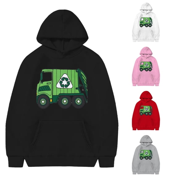 Oiyii Tween Boy's Recycling Garbage Truck Graphic Hoodie Long Sleeve Printed Casual Hooded Sweatshirt Soft Pullover Top,Black