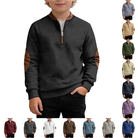 Oiyii Tween Boys' Elbow Patch Half Zip Sweatshirt Solid Long Sleeve Stand Collar Casual Top School Sweatshirts,Brown