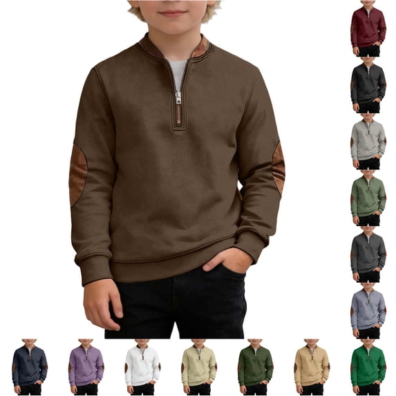 Oiyii Tween Boys' Elbow Patch Half Zip Sweatshirt Solid Long Sleeve Stand Collar Casual Top School Sweatshirts,Coffee