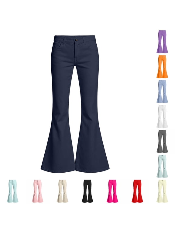 Tween Girl's Button Front Flare Denim Jeans Solid Bell Bottom Pants School Trousers