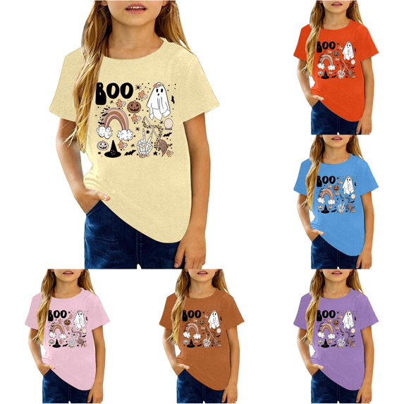 Oiyii Tween Girl's Halloween Graphic T-Shirt Short Sleeve Crew Neck Tee Boo Ghost Rainbow Print Kids Top,Beige