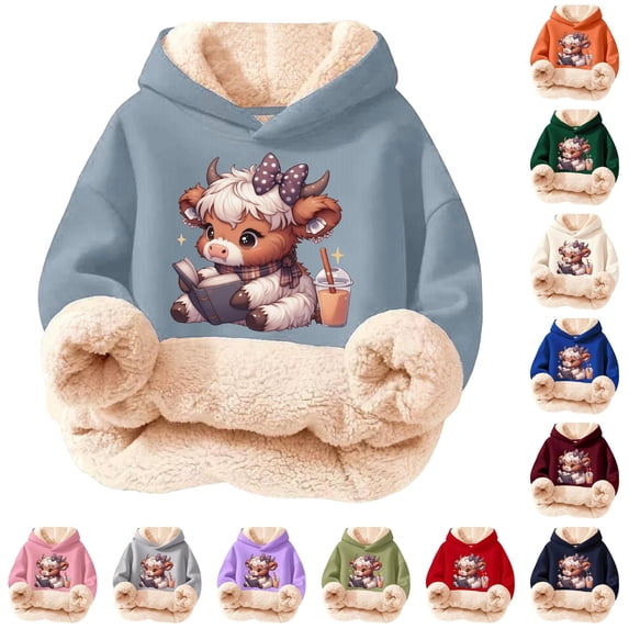Oiyii Tween Girl's Highland Cow Graphic Hoodie Long Sleeve Hoodies Warm Hooded Sweatshirt,Light Blue