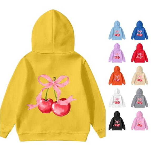 Oiyii Tween Girl's Lovely Graphic Hooded Sweatshirt Long Sleeve Cherry Print Hoodie Sweatshirts Casual Pullover Top,Yellow