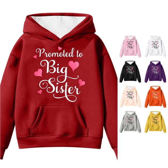 Oiyii Tween Girl's Promoted To Big Sister Heart Script Graphic Hoodie Long Sleeve Family Hooded Sweatshirt Pullover Top,Brick Red