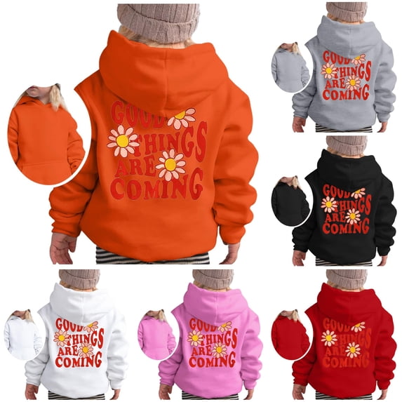 Oiyii Tween Girls' Daisy Slogan Pullover Hoodie Back Print Long Sleeve Casual Hooded Sweatshirt Casual Pullover Top,Orange