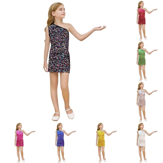 Oiyii Tween Girls Fashion Metallic Leopard Print Sequin Dress Sleeveless Spaghetti Strap Mini Party Gown,Black