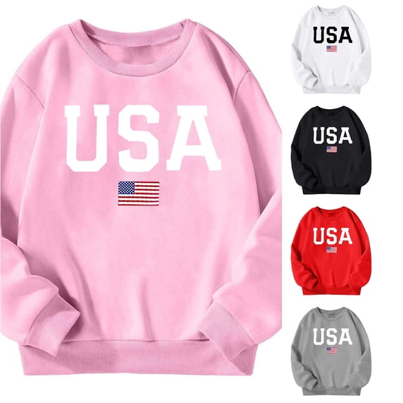 Oiyii Tween Girls' Letter Graphic Crewneck Sweatshirt Flag Print Long Sleeve Casual Oversize Top Sports Sweatshirts,Pink