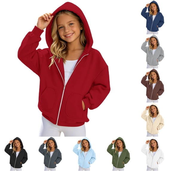 Oiyii Tween Girls' Loose Fit Zip Up Hoodie Solid Long Sleeve Casual Hooded Sweatshirt Daily School Hoody Sweatshirts,Red