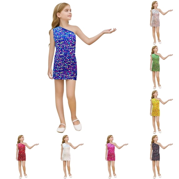 Oiyii Vibrant Summer Dress for Teen Girl One‑Shoulder Leopard‑Print Short Gowns Halloween Carnival Dresses