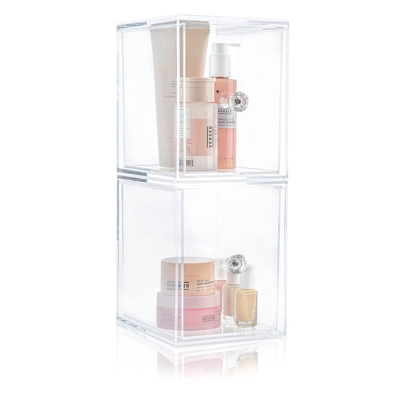 Oizeir Clear Drawer Organizers - Acrylic, Durable, Stackable, Pull-Out Drawer. Great for Medicine, Cosmetics, Makeup and Bathroom Organization. (8" High | 2-PACK)