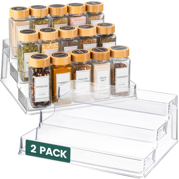 Oizeir Clear Spice Rack (2-Pack) - 3-Tier Seasoning Organization for Cabinet - Deep Acrylic Pantry Organizer - Holds Seasoning, Condiment Bottle - 10.4" x 9.6" x 4"