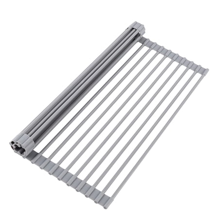 Oizeir Roll Up Dish Drying Rack - Silicone Coated Stainless Steel, Over The Sink, Foldable, Heat-Resistant, Anti-Slip, Dish Drainer. (17" x 12.5")