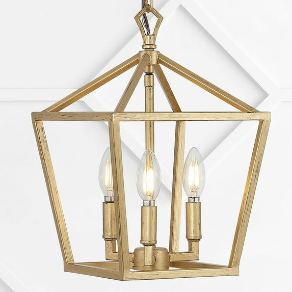 JONATHAN Y Ojai 10" 3-Light Iron Classic Modern Pagoda LED Pendant Lantern, Brass Gold