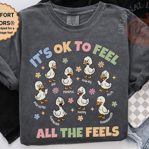 It'S Ok To Feel All The Feels Goose Emotions Shirt, Cute Cartoon Teacher Shirt, Men.Tal Health Awareness Tee Unisex S-5XL Hot Trending Shirt, Vintage Birthday Gift