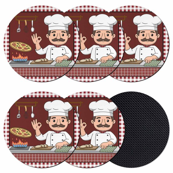 Ok Gourmet Cooking Coasters Set of 6, Absorbent Coasters for Drinks, Funny Chef Kitchen Knife Fork Red Plaid Coaster for Desk Coffee Table Protection, Home Decor House Warming Gifts 4"