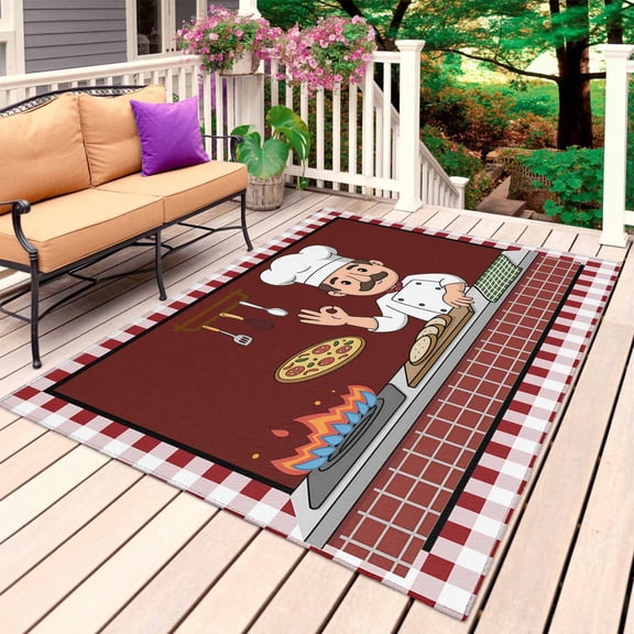Ok Gourmet Cooking Outdoor Rug 4x6 Ft, Non Slip Washable Area Rug, Funny Chef Kitchen Knife Fork Red Plaid Patio Rugs Carpet Runner, Large Floor Mat for Indoor/Outdoor Deck Porch Camping