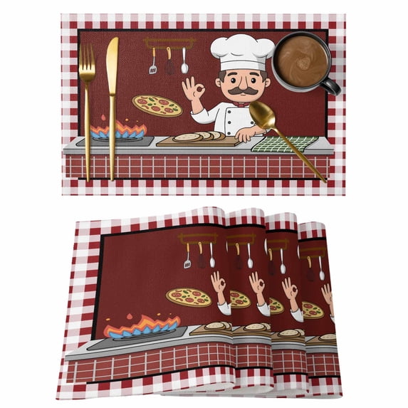 Ok Gourmet Cooking Placemats Set of 4, Funny Chef Kitchen Knife Fork Red Plaid Placemats for Dining Table, Place Mats for Kitchen Tabletop, Waterproof Wipeable Dining Table Mats Set