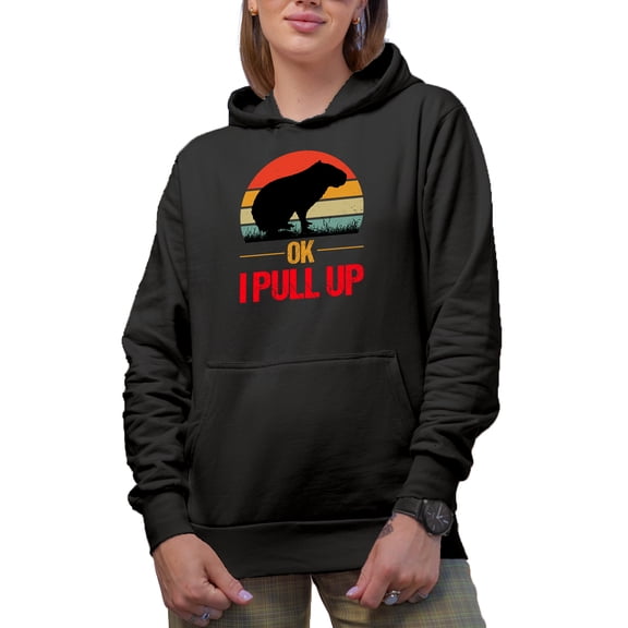 Ok I Pull Up - Funny Meme Inspired, Lover of Capybaras Themed, Black Hooded Sweatshirt or Hoodie, Large