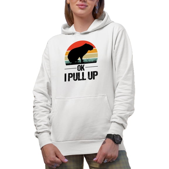 Ok I Pull Up, Funny Meme & Lover of Capybaras Themed, White Hooded Sweatshirt or Hoodie, XL