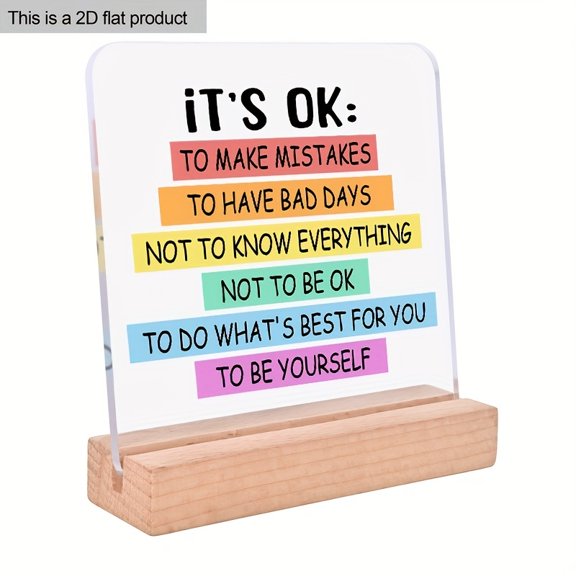 It'S Ok To Be Yourself Inspirational Acrylic Desk Decor With Wooden Stand - Colorful Sign For Home Office Or Party Decorations No Power Needed Decor | Playful | Colorful Display Decor