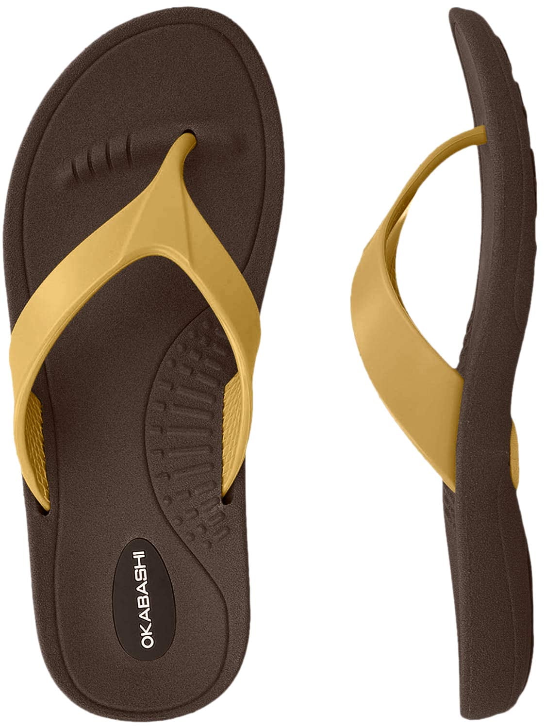 Okabashi Marina Flip Flops (Medium / 6.57.5 B(M) US, Brown/Gold