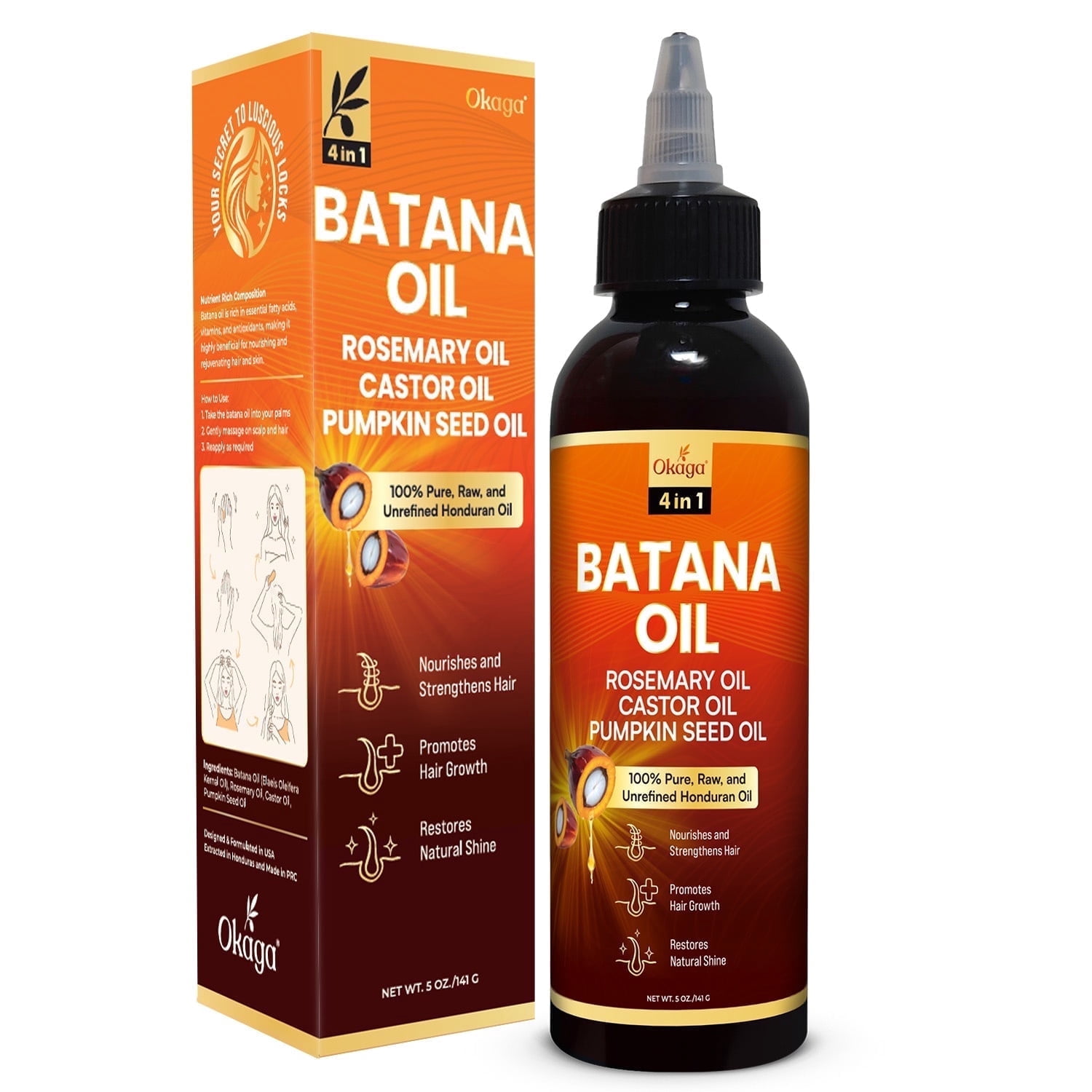 Okaga Batana Oil for Hair Growth with Rosemary, Castor, and Pumpkin Seed Oils, 100% Pure Unrefined Honduran Formula, Strengthens, Nourishes, Revives Scalp & Strands, Natural Care for All Types (5oz)