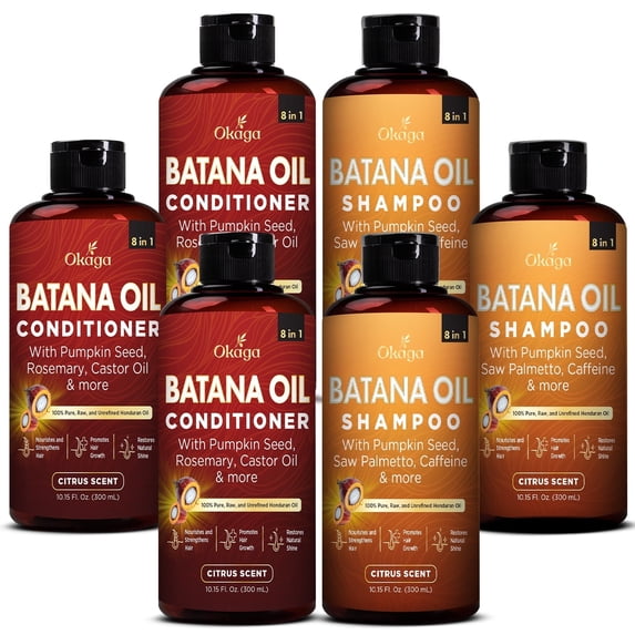 Okaga Shower Set Batana Oil Shampoo & Conditioner with Aloe Vera, Saw Palmetto, Biotin, Caffeine & Rice Protein, Citrus Scent, 3 Pack