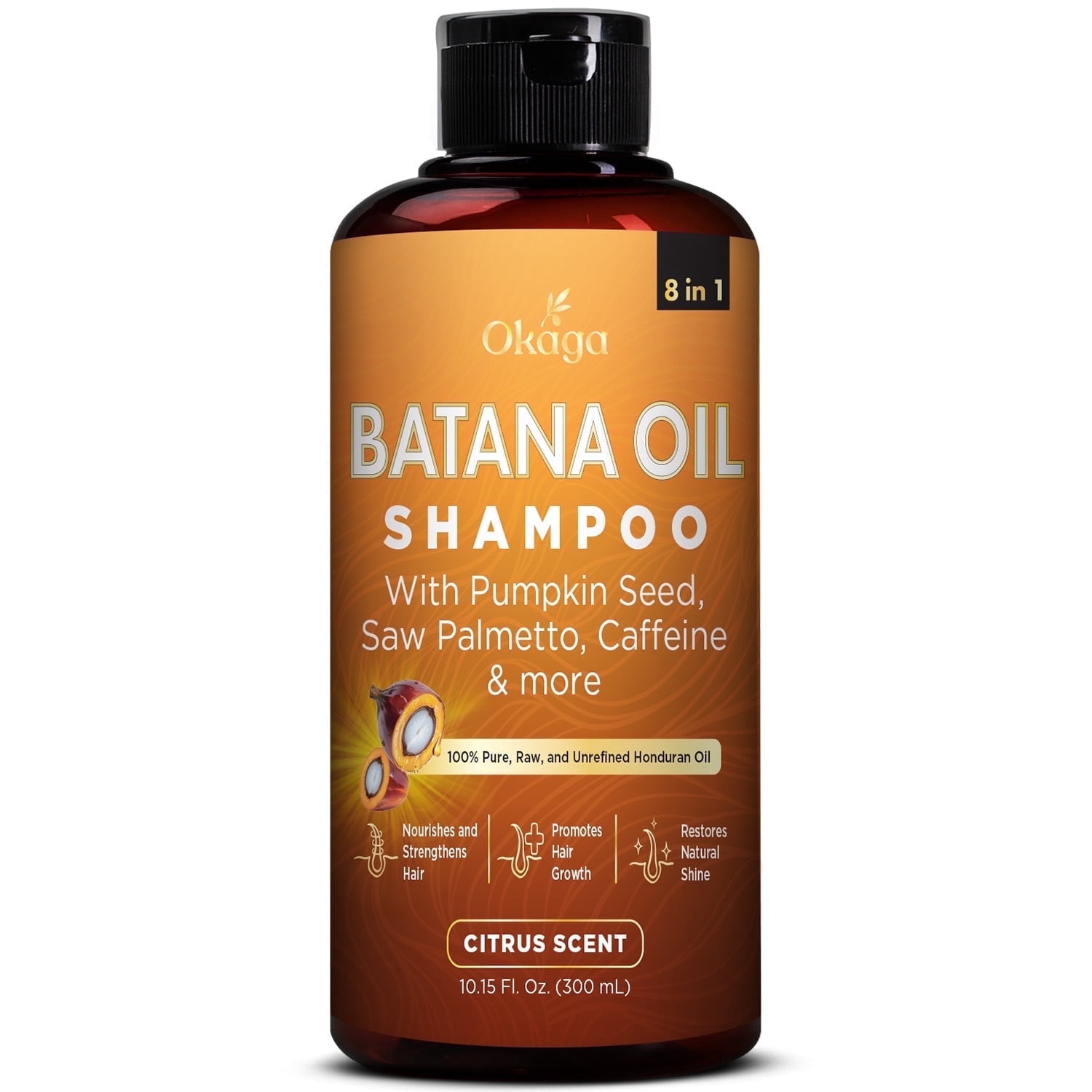 Okaga Batana Oil Shampoo for Hair Growth, Aloe Vera Leaf Juice, Saw Palmetto, Caffeine, Hydrolyzed Rice Protein, Pumpkin Seed, Castor & Rosemary Oils, 8-in-1 Natural Formula(10.15 fl oz Citrus Scent)