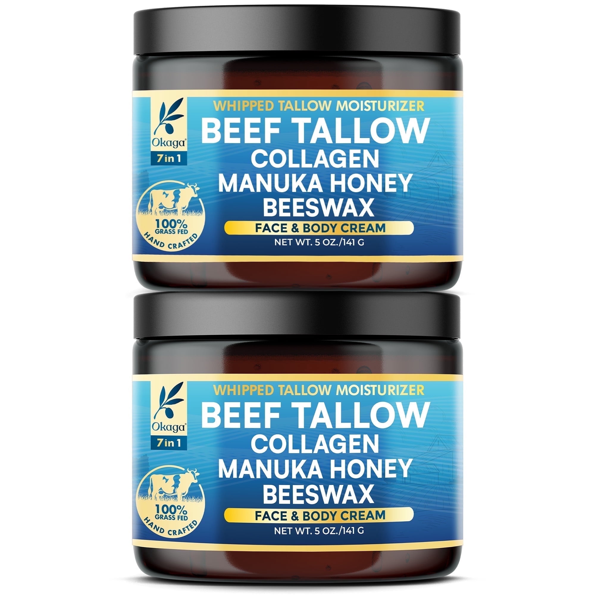 Okaga Beef Tallow for Skin, Organic Grass-Fed Beef Tallow Balm with Manuka Honey, Aloe Vera, Jojoba Oil, Collagen & Beeswax, Olive Oil, Moisturizer for Dry Skin, Nourishes Face, Body & Lips (2 Pack)