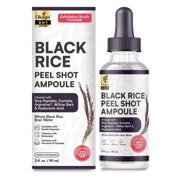Okaga Black Rice Peel Shot Ampoule, Black Rice Exfoliant Soft Exfoliating Face Peel, Dead Skin, Rice Exfoliator for Face, Pore Minimizer Hydrating Formula for Smooth Radiant Skin, All Skin Types 90mL
