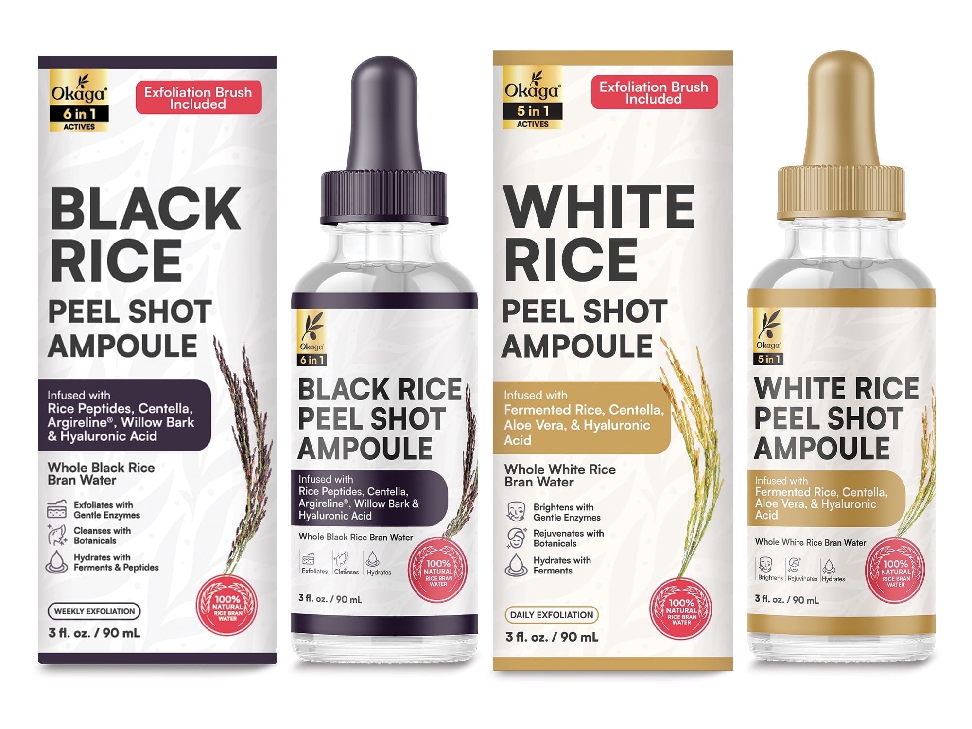 Okaga Peel Shot Duo, Black & White Rice Exfoliant Skincare Set for Face, Gentle Daily Glow Peel & Advanced Peel Shot, Removes Dead Skin for a Smooth, Radiant & Brighter Complexion for All Skin Types