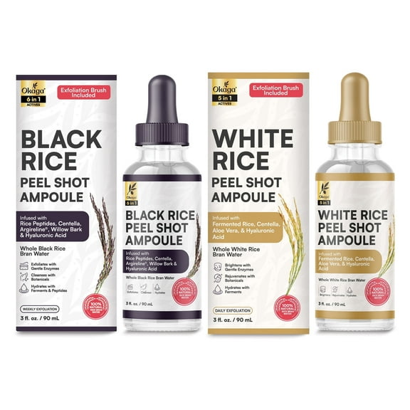Okaga Peel Shot Duo, Black & White Rice Exfoliant Skincare Set for Face, Gentle Daily Glow Peel & Advanced Peel Shot, Removes Dead Skin for a Smooth, Radiant & Brighter Complexion for All Skin Types