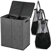 Okaka 142L Double Laundry Hamper 2 Compartments with Lid Collapsible for Bedroom, Laundry Room, Closet, Bathroom(Grey)