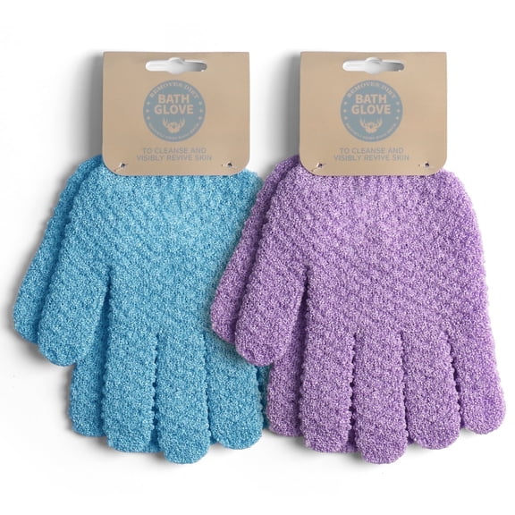 Okaka 2 Pair Exfoliating Bath Gloves Dual Texture, Heavy Shower Gloves with Hanging Loop for Spa, Massage and Body Scrubs,blue & purple