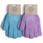 Okaka 2 Pair Exfoliating Bath Gloves Dual Texture, Heavy Shower Gloves with Hanging Loop for Spa, Massage and Body Scrubs,blue & purple