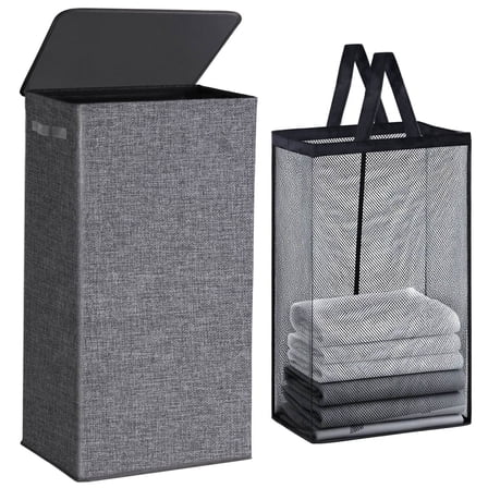Okaka Collapsible Laundry Hamper with Lid 100L, Tall Laundry Basket with Removable Mesh Bag for Bedroom, Bathroom,Closet, Dorm(Grey)