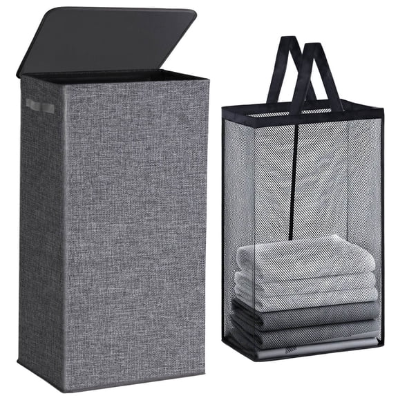 Okaka Collapsible Laundry Hamper with Lid 100L, Tall Laundry Basket with Removable Mesh Bag for Bedroom, Bathroom,Closet, Dorm(Grey)