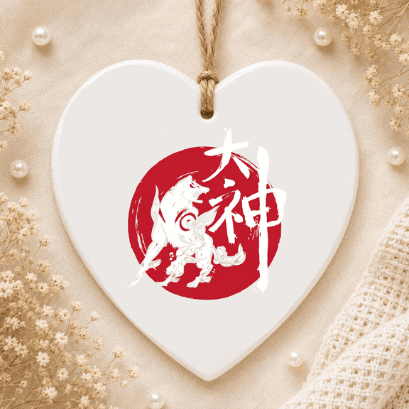 Okami Amaterasu Sun God Wolf The Great Wave Video Game 2D FLAT HEART Ceramic Ornament