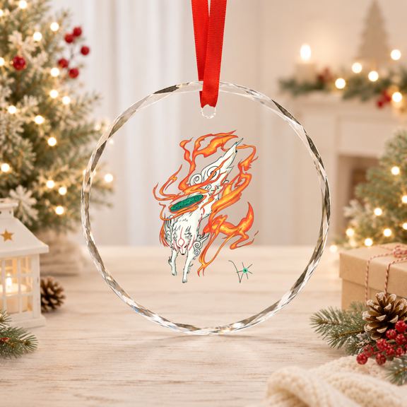 Okami Amaterasu Sun God Wolf The Great Wave Video Game Classic Theme Classic Theme Glass Ornament