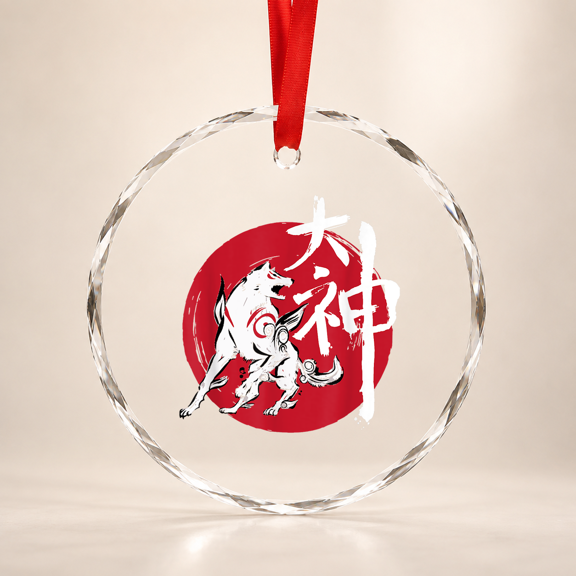 Okami Amaterasu Sun God Wolf The Great Wave Video Game Glass Ornament Holiday Tree Decoration