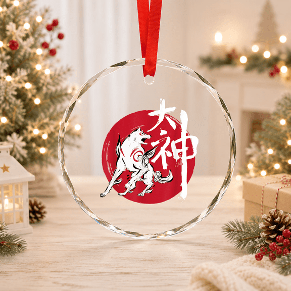 Okami Amaterasu Sun God Wolf The Great Wave Video Game Glass Ornament
