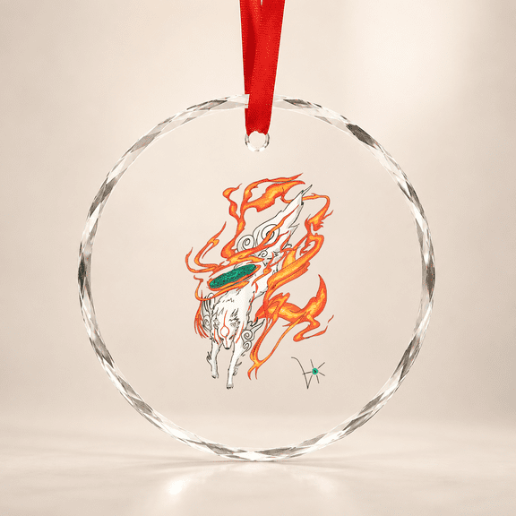 Okami Amaterasu Sun God Wolf The Great Wave Video Game Glass Ornament