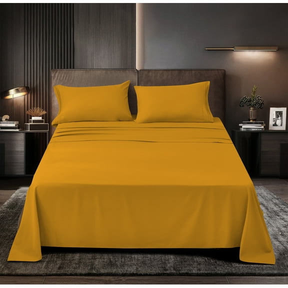 Okao Double Brushed %100 Microfiber Sheets Set - Deep Pockets - Hypoallergenic - Fade, Wrinkle, Stain Resistant, Soft, Luxury, Microfiber Sheets Set - 4 Pieces, Queen, Gold