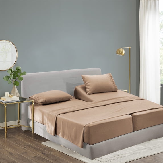 Okao Wholesale Rayon Made from Bamboo Sheet Set - Wrinkle Free -Softer than Cotton- Deep Pockets - 5 Piece - 2 Fitted Sheet, 1 Flat, 2 Pillowcases Split King, Brown