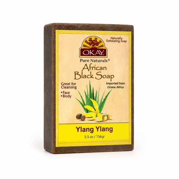 OKAY Pure Naturals African Black Soap with Ylang Ylang 5.5 oz  Cleansing & Exfoliating Bar Soap, Nourishing Skin Care, Sulfate/Silicone/Paraben-Free, All Skin Types